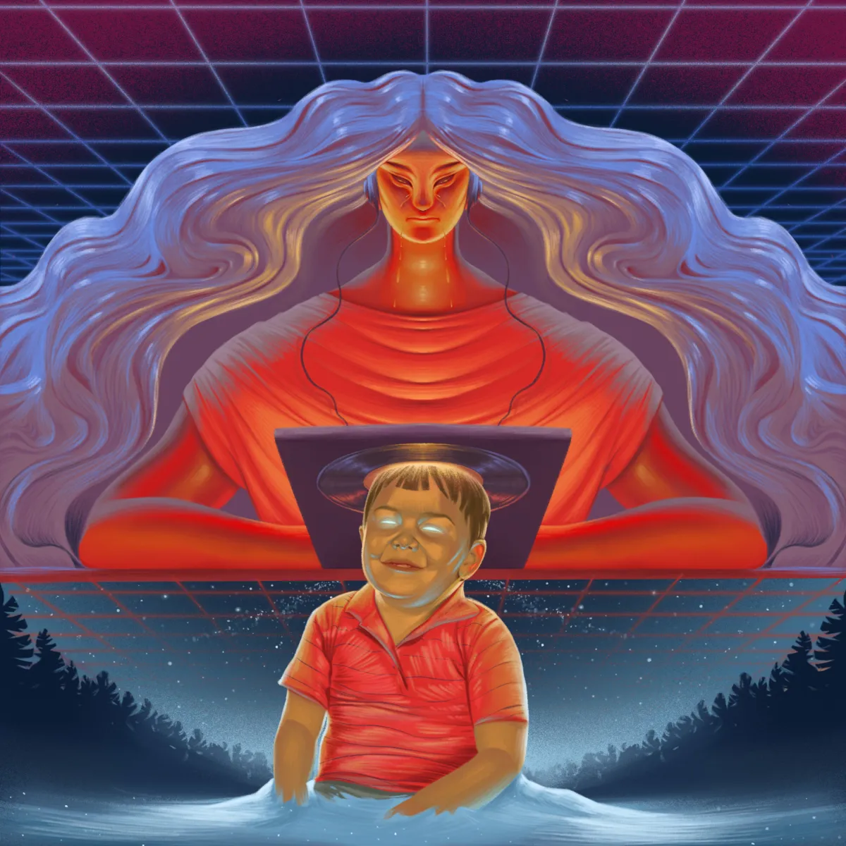 Album-cover illustration: a serene blue-haired figure glowing orange-red meditates over a synthwave grid while a child with a vinyl-record halo sits below a starry forest